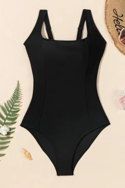 Online Dear-Lover Solid Criss Cross Backless Square Neck One Piece Swimsuit Black