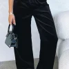 New Dear-Lover Solid Drawstring Waist Wide Leg Pants Black