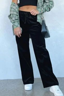 New Dear-Lover Solid Drawstring Waist Wide Leg Pants Black