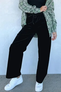 New Dear-Lover Solid Drawstring Waist Wide Leg Pants Black