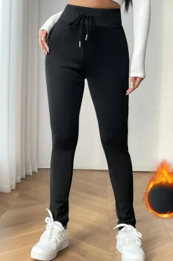 Best Dear-Lover Solid Drawstring Waist Thermal Lined Leggings Black