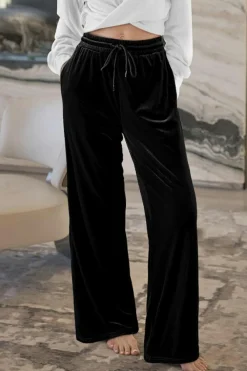 New Dear-Lover Solid Drawstring Waist Wide Leg Pants Black