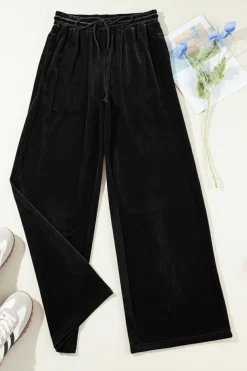 New Dear-Lover Solid Drawstring Waist Wide Leg Pants Black