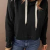 New Dear-Lover Solid Drop Shoulder Drawstring Cropped Hoodie Black