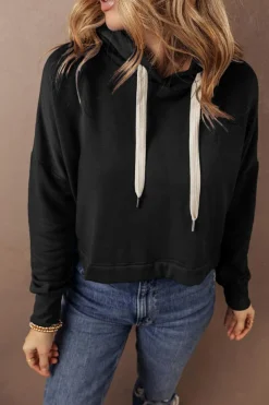 New Dear-Lover Solid Drop Shoulder Drawstring Cropped Hoodie Black