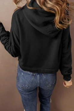 New Dear-Lover Solid Drop Shoulder Drawstring Cropped Hoodie Black
