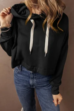 New Dear-Lover Solid Drop Shoulder Drawstring Cropped Hoodie Black
