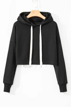 New Dear-Lover Solid Drop Shoulder Drawstring Cropped Hoodie Black