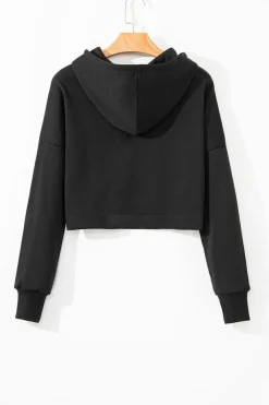 New Dear-Lover Solid Drop Shoulder Drawstring Cropped Hoodie Black