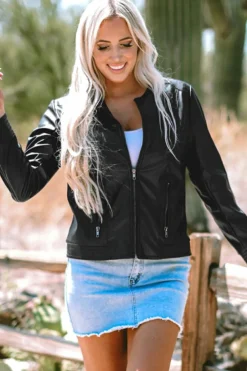 Online Dear-Lover Solid Faux Leather Zipper Slim Fit Bomber Jacket Black