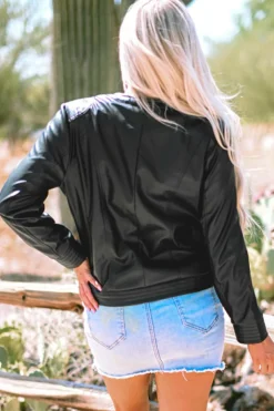 Online Dear-Lover Solid Faux Leather Zipper Slim Fit Bomber Jacket Black