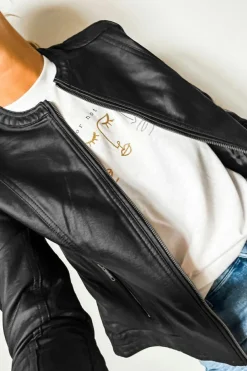 Online Dear-Lover Solid Faux Leather Zipper Slim Fit Bomber Jacket Black