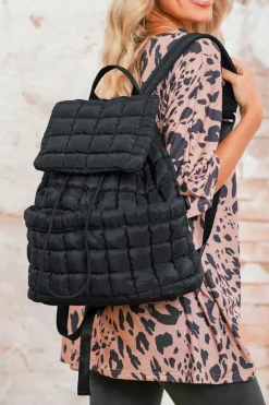 Hot Dear-Lover Solid Flapped Quilted Puffer Backpack Black