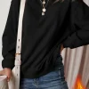 Best Dear-Lover Solid Fleece Lined Drop Shoulder Terry Sweatshirt Black