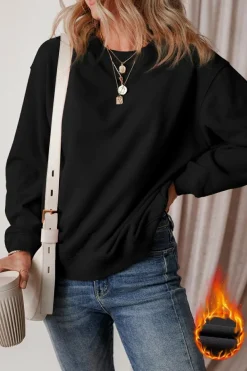 Best Dear-Lover Solid Fleece Lined Drop Shoulder Terry Sweatshirt Black
