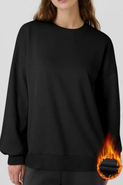 Online Dear-Lover Solid Fleece Lined Drop Shoulder High Low Sweatshirt Black