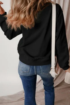 Best Dear-Lover Solid Fleece Lined Drop Shoulder Terry Sweatshirt Black