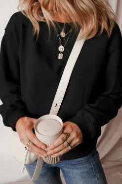 Best Dear-Lover Solid Fleece Lined Drop Shoulder Terry Sweatshirt Black