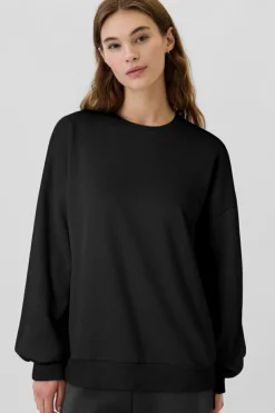 Online Dear-Lover Solid Fleece Lined Drop Shoulder High Low Sweatshirt Black
