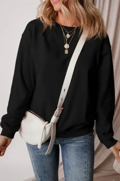 Best Dear-Lover Solid Fleece Lined Drop Shoulder Terry Sweatshirt Black