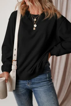 Best Dear-Lover Solid Fleece Lined Drop Shoulder Terry Sweatshirt Black