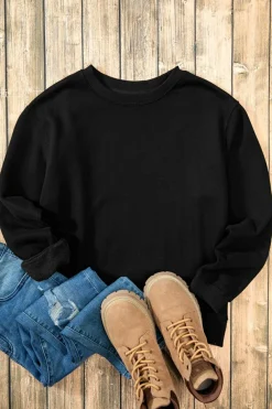 Best Dear-Lover Solid Fleece Lined Drop Shoulder Terry Sweatshirt Black
