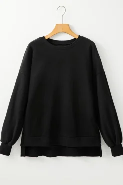 Online Dear-Lover Solid Fleece Lined Drop Shoulder High Low Sweatshirt Black