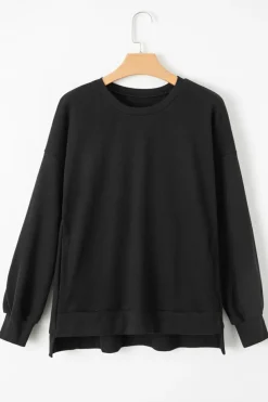 Online Dear-Lover Solid Fleece Lined Drop Shoulder High Low Sweatshirt Black