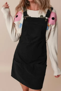 Discount Dear-Lover Solid Front Pockets Sleeveless Corduroy Overall Dress Black