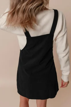 Discount Dear-Lover Solid Front Pockets Sleeveless Corduroy Overall Dress Black