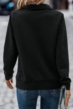 Best Dear-Lover Solid Half Zipper Quilted Pullover Sweatshirt Black
