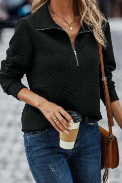 Best Dear-Lover Solid Half Zipper Quilted Pullover Sweatshirt Black