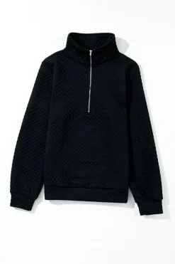 Best Dear-Lover Solid Half Zipper Quilted Pullover Sweatshirt Black