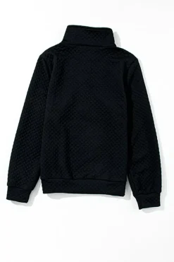 Best Dear-Lover Solid Half Zipper Quilted Pullover Sweatshirt Black