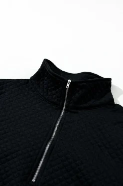 Best Dear-Lover Solid Half Zipper Quilted Pullover Sweatshirt Black