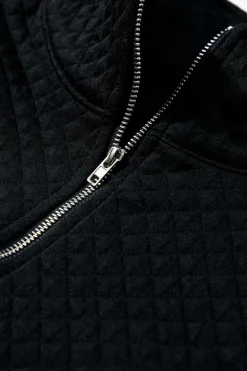 Best Dear-Lover Solid Half Zipper Quilted Pullover Sweatshirt Black