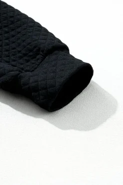 Best Dear-Lover Solid Half Zipper Quilted Pullover Sweatshirt Black
