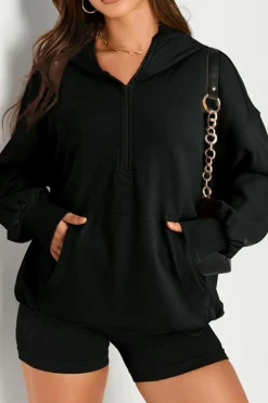 Discount Dear-Lover Solid Kangaroo Pocket Half Zipper Oversized Hoodie Black