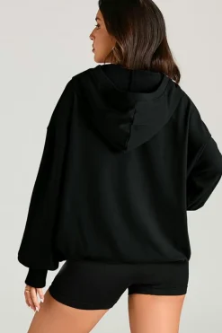 Discount Dear-Lover Solid Kangaroo Pocket Half Zipper Oversized Hoodie Black
