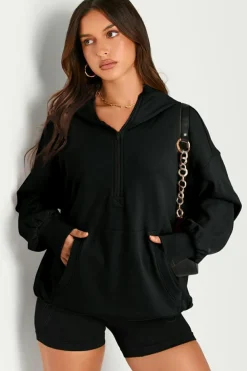 Discount Dear-Lover Solid Kangaroo Pocket Half Zipper Oversized Hoodie Black