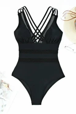 Hot Dear-Lover Solid Mesh One Piece Swimsuit Black