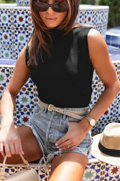 Online Dear-Lover Solid Mock Neck Tank Top Black
