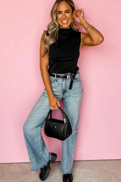 Online Dear-Lover Solid Mock Neck Tank Top Black