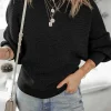 Sale Dear-Lover Solid O Neck Balloon Sleeve Loose Fit Sweater Black