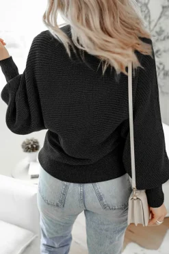 Sale Dear-Lover Solid O Neck Balloon Sleeve Loose Fit Sweater Black