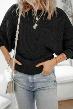 Sale Dear-Lover Solid O Neck Balloon Sleeve Loose Fit Sweater Black