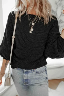 Sale Dear-Lover Solid O Neck Balloon Sleeve Loose Fit Sweater Black