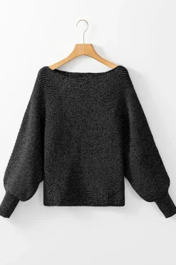 Sale Dear-Lover Solid O Neck Balloon Sleeve Loose Fit Sweater Black