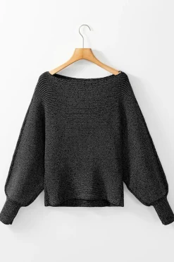 Sale Dear-Lover Solid O Neck Balloon Sleeve Loose Fit Sweater Black