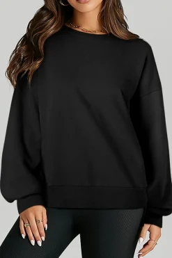 Best Dear-Lover Solid O Neck High Low Hem Pullover Sweatshirt Black